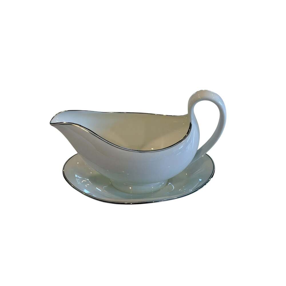 Wedgwood Doric Platinum Trim Gravy Boat with Attached Underplate